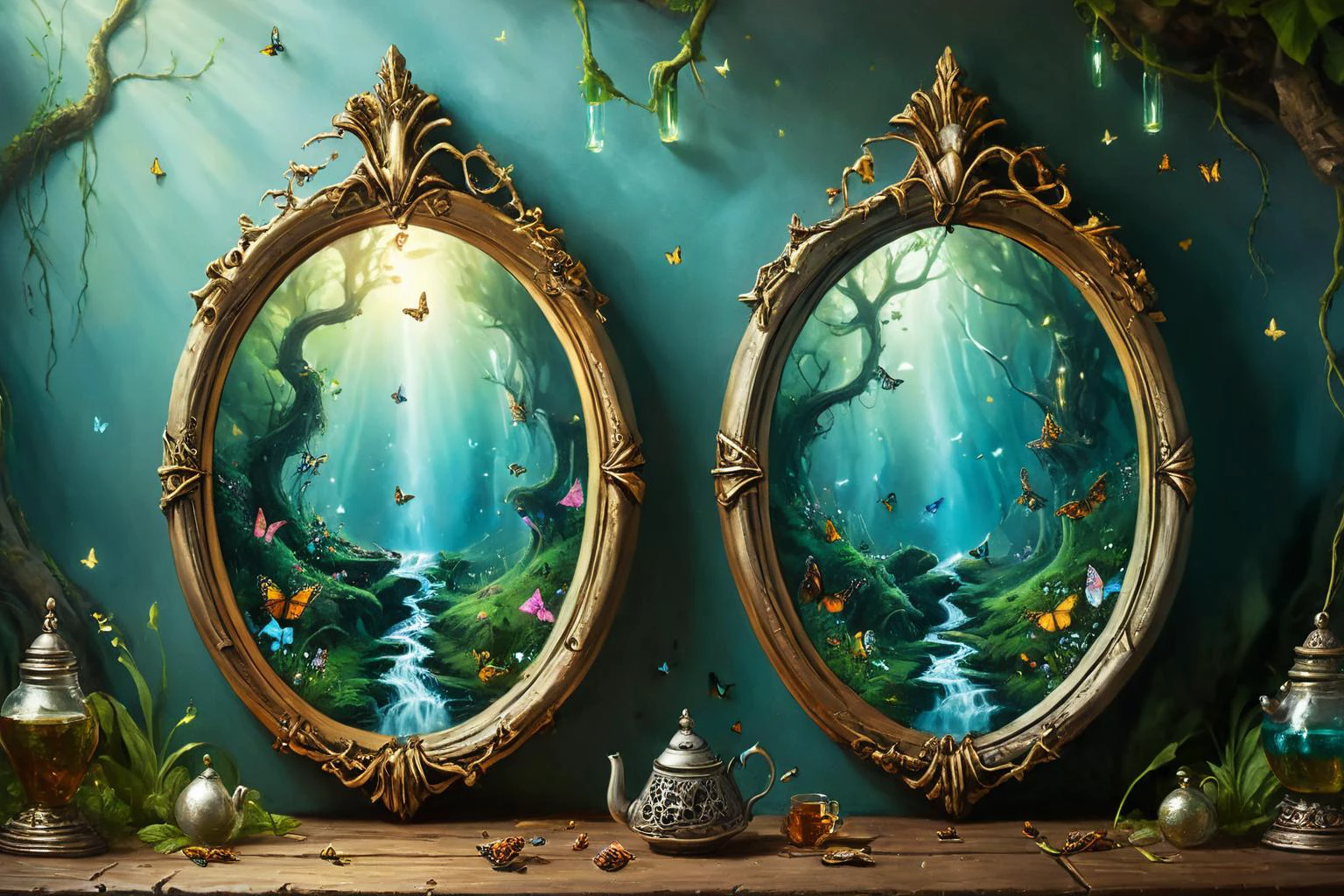 (best quality:1.5), (hyperrealism:1.3), (intricate emotional details:1.5), 8k, 4k, detailed digital illustration of [Enchanted mirrors reflect parallel destinies:Wizard's tea turns thoughts into butterflies:0.6], Dreamyvibes Artstyle 