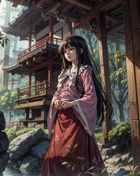 anime girl in traditional dress standing in front of a building