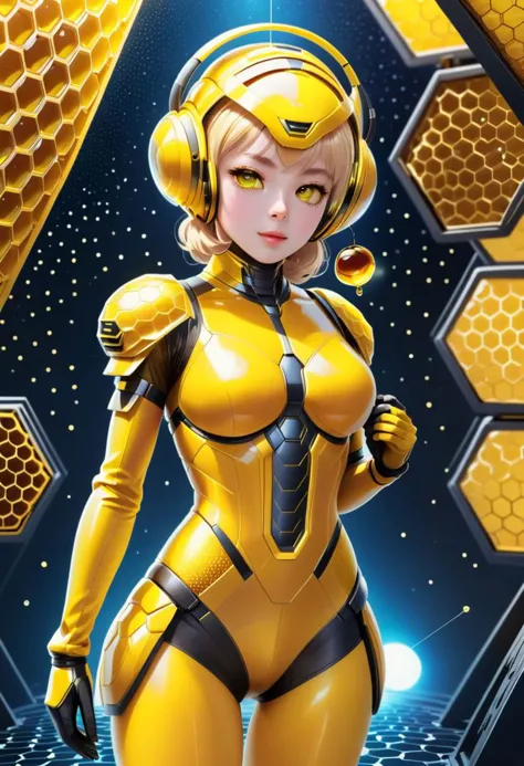 a woman in a yellow suit standing in front of a honeycomb