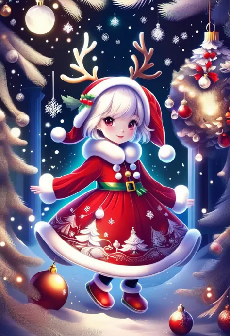 cute girl wearing red Christmas dress is hugging happy reindeer,
(snowy forest, moonlight, Christmas trees), (sparkles, sparklin...