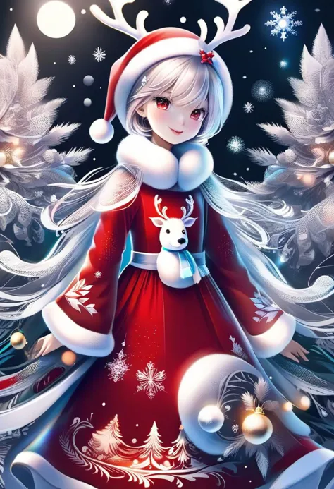 FrostedStyle, cute girl wearing red Christmas dress is hugging happy reindeer,
(snowy forest, moonlight, Christmas trees), (spar...