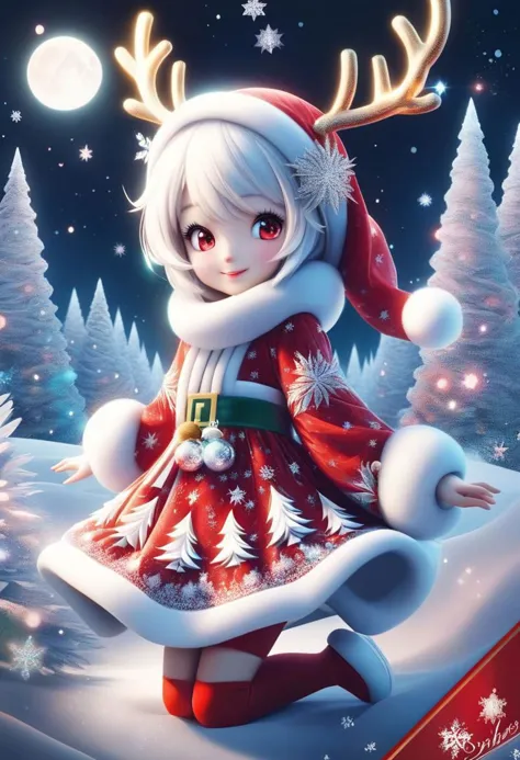 (フロストスタイル, スノースタイル, オーロラスタイル:0.3), 赤いクリスマスドレスを着たかわいい女の子が幸せなトナカイを抱いています,
(雪の森, 月光, クリスマスツリー), (輝く, キラキラ光る服, キラキラした目),