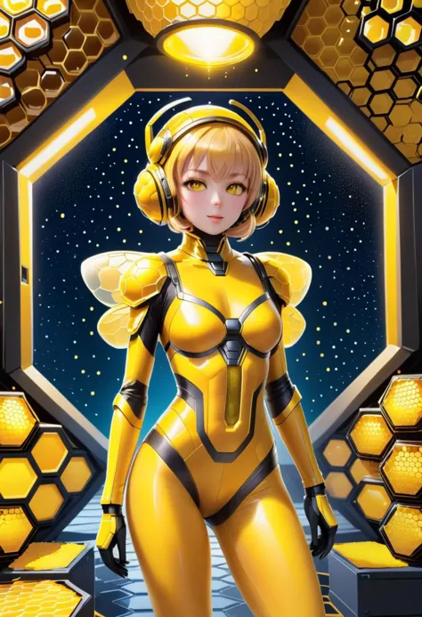 dvr-honey, beautiful beegirl wearing tight yellow made of dvr-honey hive drone outfit,
(inside giant beehive), (sparkles, sparkl...