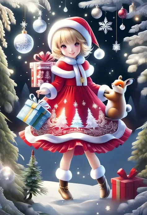 FrostedStyle, cute girl wearing red Christmas dress is holding Christmas present, happy smile, surrounded by small woodland anim...