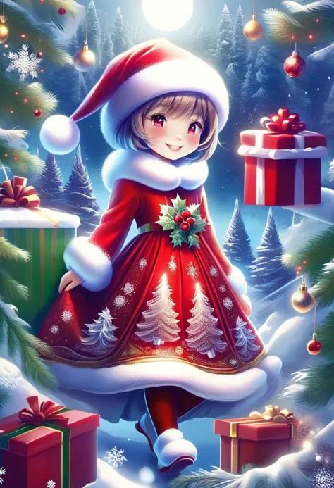 FrostedStyle, cute girl wearing red Christmas dress is holding Christmas present, big happy smile with closed eyes,
(snowy fores...