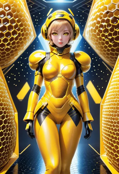 dvr-honey, beautiful beegirl wearing tight yellow made of dvr-honey hive drone outfit,
(inside giant beehive), (sparkles, sparkl...