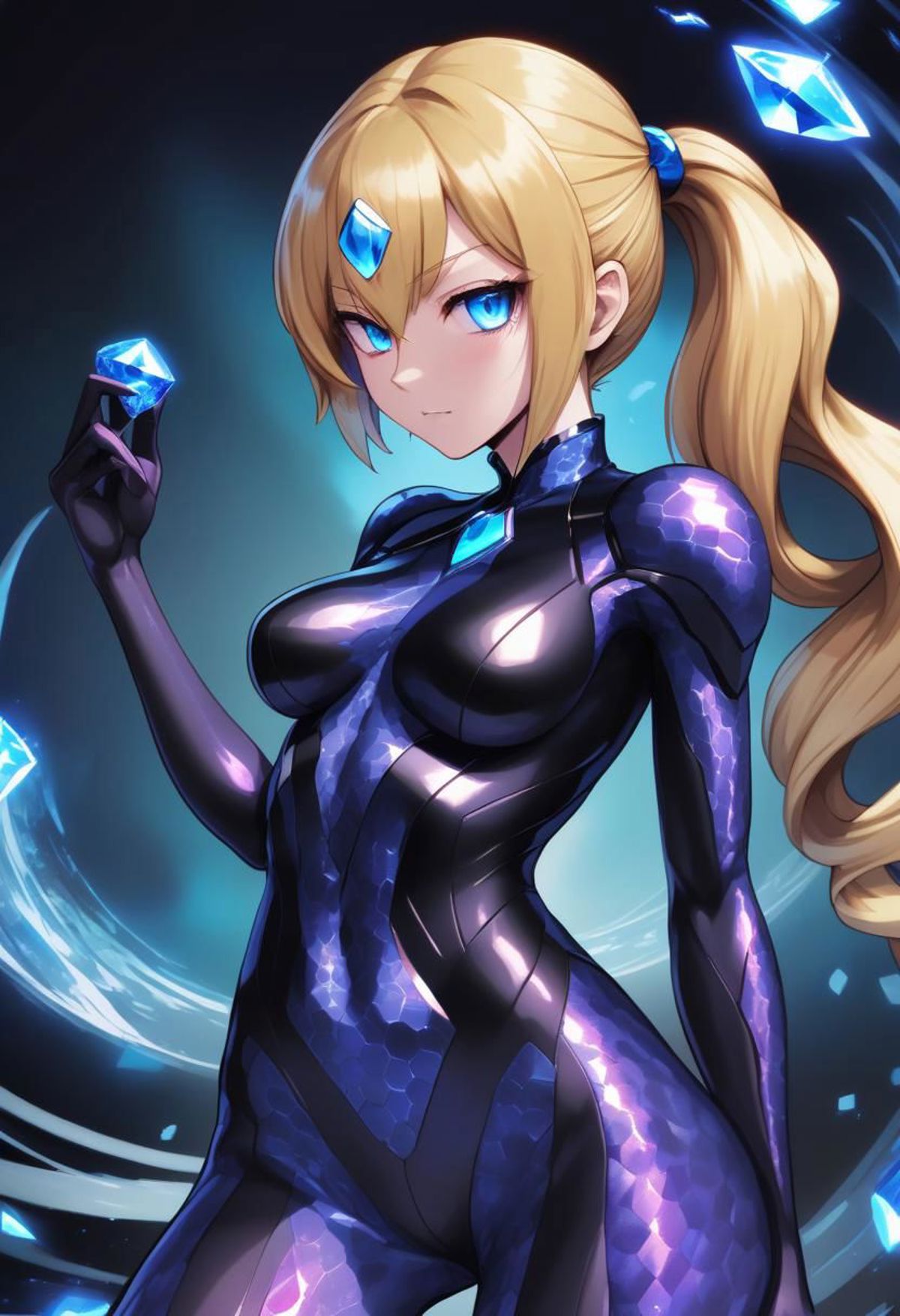 A woman in a black and blue outfit holding a crystal - SeaArt AI