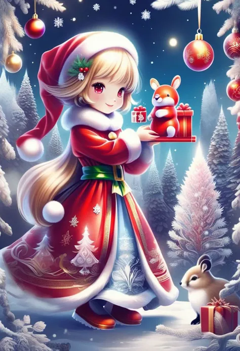 FrostedStyle, cute girl wearing red Christmas dress is holding Christmas present, happy smile with closed eyes, surrounded by sm...
