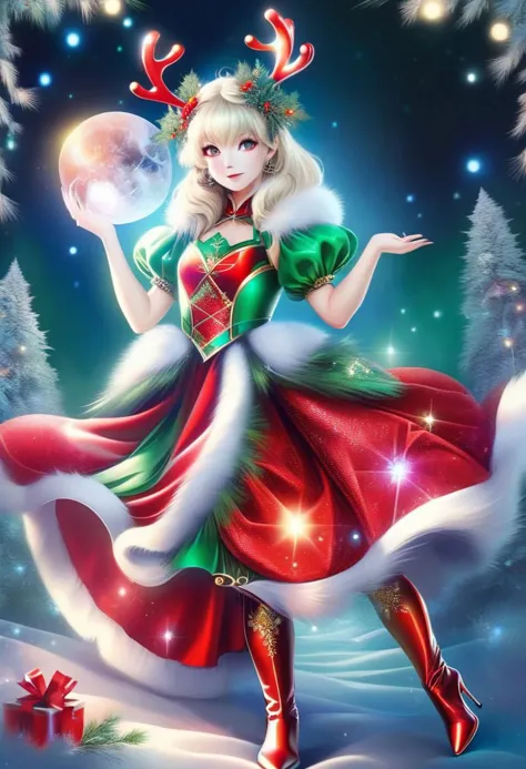 a woman in a christmas dress holding a ball in her hand