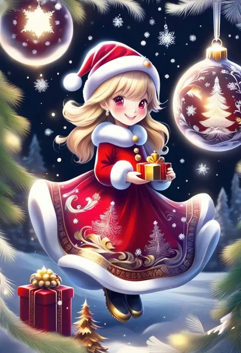 FrostedStyle, cute girl wearing red Christmas dress is holding Christmas present, big happy smile with closed eyes,
(snowy fores...