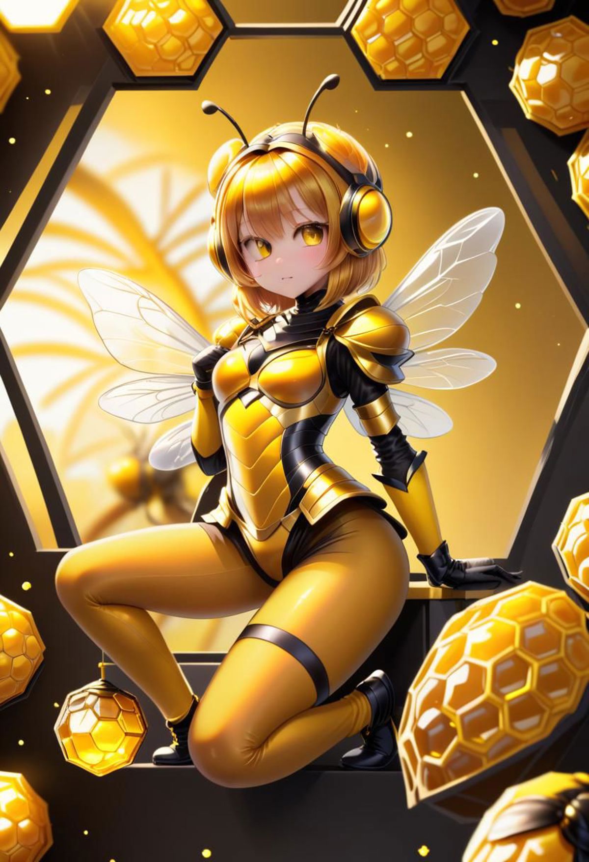 A woman in a yellow and black outfit with a bee on her head - SeaArt AI