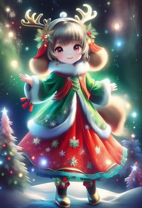 AuroraStyle, cute girl wearing red Christmas dress is hugging happy reindeer,
(snowy forest, moonlight, Christmas trees), (spark...