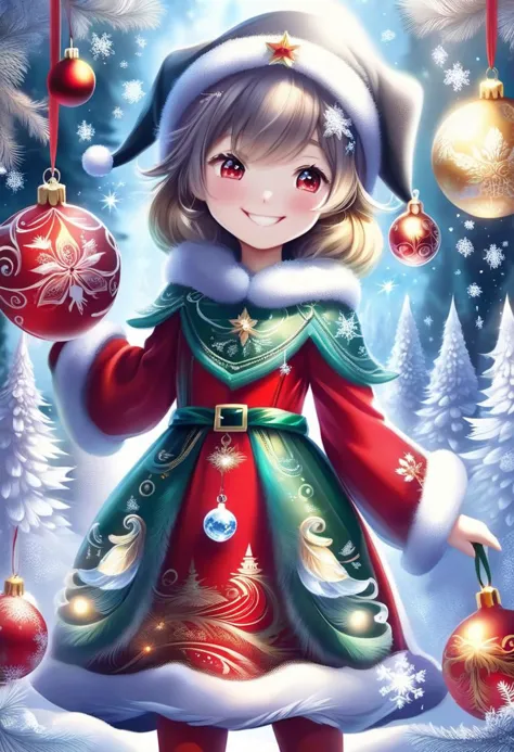 a girl in a christmas dress holding a christmas ornament