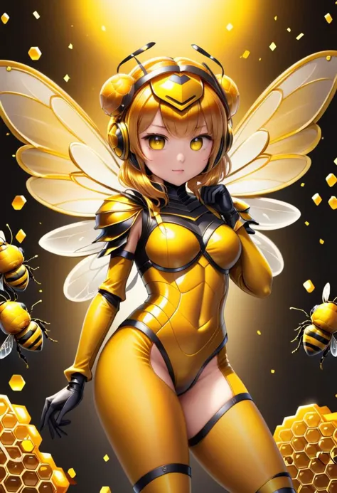 dvr-honey, beautiful beegirl wearing armored beegirl outfit, bee leotard, bee wings, tights, 
(inside giant beehive), (sparkles,...