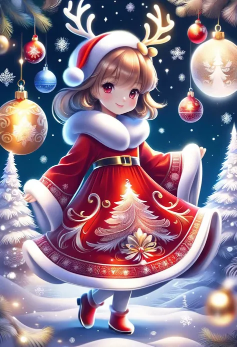 cute girl wearing red Christmas dress is hugging happy reindeer,
(snowy forest, moonlight, Christmas trees), (sparkles, sparklin...