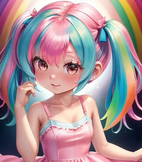 Image of a young girl in a pink spaghetti strap dress, rim lighting, soft lighting, detailed face, pigtails rainbow coloured hair, highest quality, masterpiece,