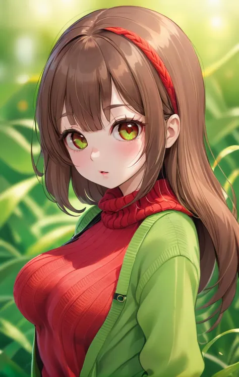 ((wallpaper 8k)), ((high detailed)), ((masterpiece)), ((best quality:1.2)), ((hdr)), ((absurdres)), ((RAW photo)), 1girl, beautiful face, brown hair, bangs, red sweater, green eyes,  breast, revealing breast, simple background, green background, ,