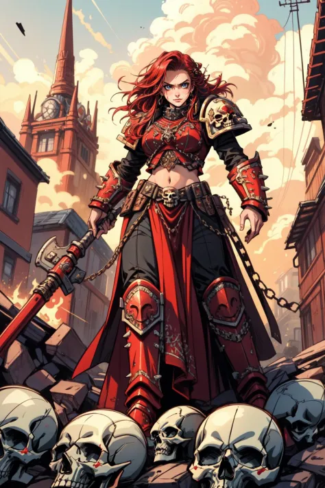 (masterpiece, best quality),  intricate details,
1girl,     <lora:rias:0.8> rias, long hair,  red hair, 
 <lora:khorne:0.8> khorne, red armor, skull, chains, spikes, blood, evil, warhammer 40k,  battlefield, debris, <lora:add_detail:0.8>