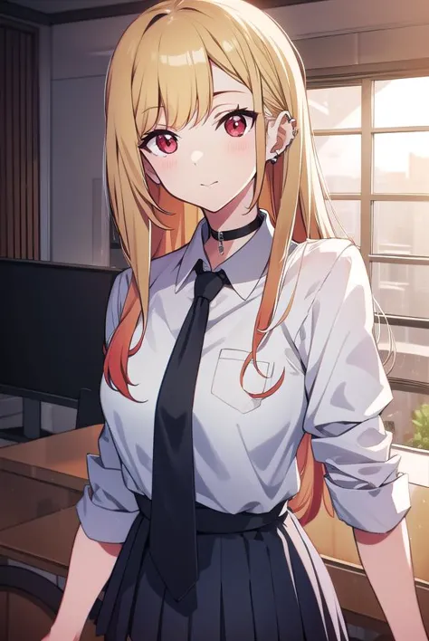 marinkitagawa, marin kitagawa, blonde hair, choker, ear piercing, earrings, long hair, piercing, (red eyes:1.5), straight hair, swept bangs,
BREAK black necktie, long sleeves, pleated skirt, , shirt, skirt, sleeves rolled up, white shirt, cleavage,
BREAK indoors, classroom,
BREAK looking at viewer, BREAK (masterpiece:1.2), best quality, high resolution, unity 8k wallpaper, (illustration:0.8), (beautiful detailed eyes:1.6), extremely detailed face, perfect lighting, extremely detailed CG, (perfect hands, perfect anatomy),