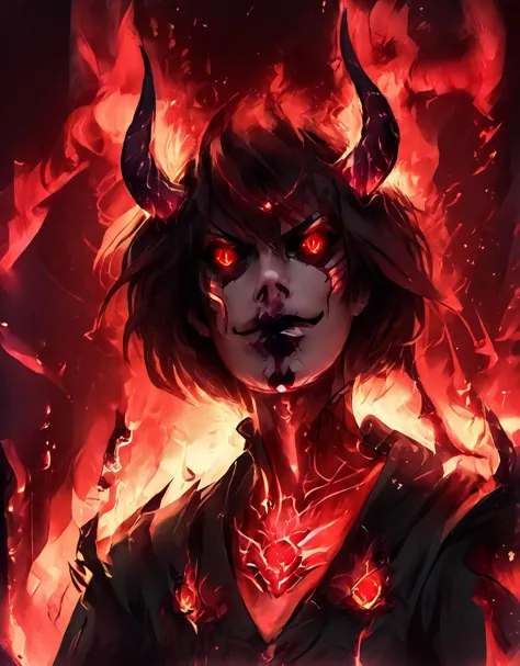 a woman with horns and red eyes in a dark background