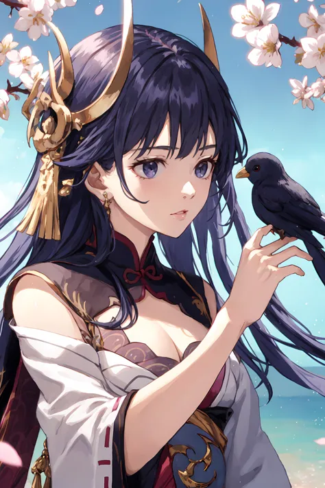 (masterpiece),(highest quality, best quality,) highres, (high resolution textures), 1girl, solo, purple hair, (shogunpuppet holding a bird in her hand:1.2), cherry blossom background, (looking away from viewer), <lora:shogun_boss:0.6>