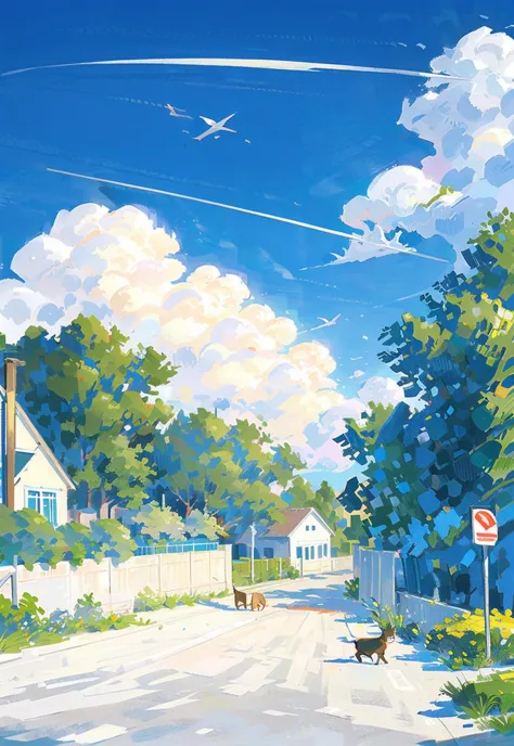 painting of a street with a dog and a plane flying in the sky