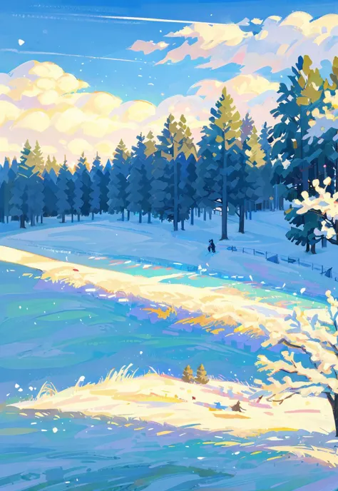 painting of a snowy landscape with a tree and a river