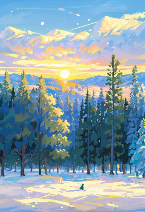 solo,tree, scenery, outdoors, sky, bare tree, snow, sun, no humans, blue sky, cloud, sunset, mountainï¼ (illustration:1.0), mas...