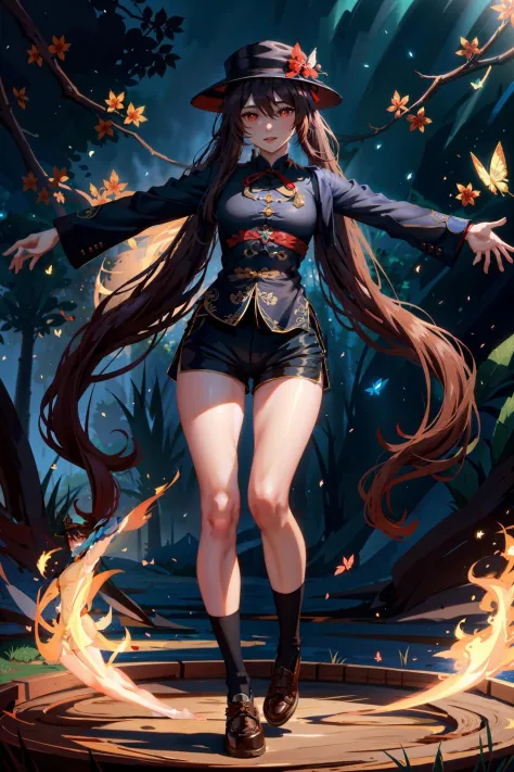 1girl, hu tao (genshin impact), boo tao (genshin impact), long hair, hat, shorts, socks, black shorts, butterfly, brown hair, ghost, smile, long sleeves, bug, hat flower, symbol-shaped pupils, solo, twintails, white socks, red eyes, very long hair, full body, flower, fire, looking at viewer, jewelry, bangs, outstretched arms, chinese clothes, shoes, black headwear, ring, hair between eyes, short shorts, brown footwear, shirt, tailcoat, flower-shaped pupils, sidelocks, porkpie hat, hat ornament, open mouth, kneehighs, plum blossoms, solo, full body, sexy, beautiful hair, beautiful face, <lora:huTaoGenshinImpact_v1:0.6>, (photorealistic:1.0), (watercolor:0.4), <lora:shexyoStyle_shexyo:0.5>, shexyo