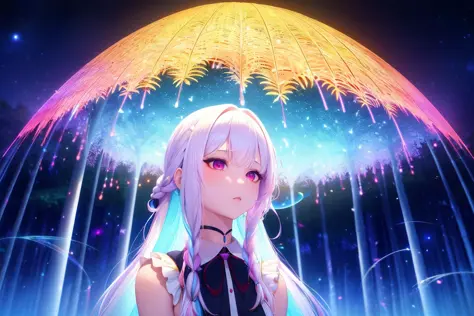 1girl, white hair, long hair, french braid, beautiful hair style, iridescent hair, colorful, vibrant colors, (dark background:1.2), (darkness:1.3), in a (mystical forest:1.1) of wonder at (night:1.2), a blinding (vortex of leaves:1.1) and fireflies, ultra realistic, (multicolored_trees:1.25), highres, superb, beautiful 8k wallpaper, extremely detailed, intricate, (interesting, abstract, dreamlike:1.2), uwures, pls dominate me