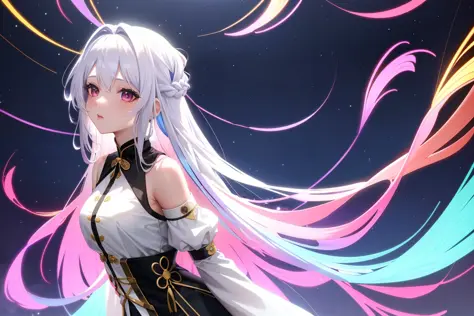 1girl, white hair, long hair, french braid, beautiful hair style, iridescent hair, colorful, vibrant colors, (dark background:1.2), (darkness:1.3), in a (mystical forest:1.1) of wonder at (night:1.2), a blinding (vortex of leaves:1.1) and fireflies, ultra realistic, (multicolored_trees:1.25), highres, superb, beautiful 8k wallpaper, extremely detailed, intricate, (interesting, abstract, dreamlike:1.2), uwures, pls dominate me