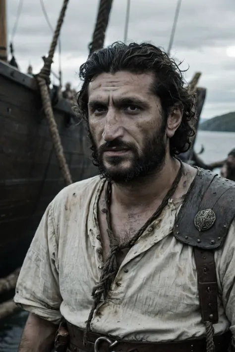 a man with a beard and a leather vest standing in front of a boat