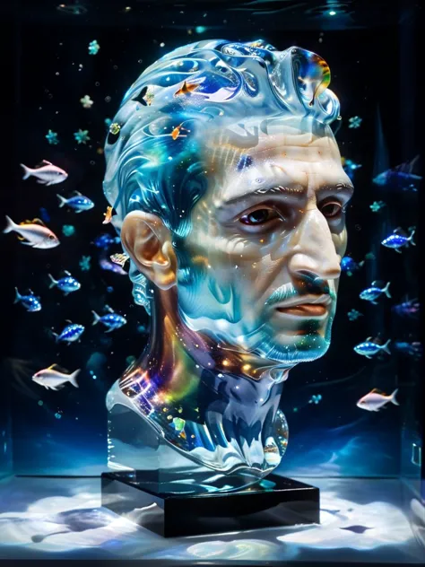 a close up of a glass sculpture of a man with a head of water