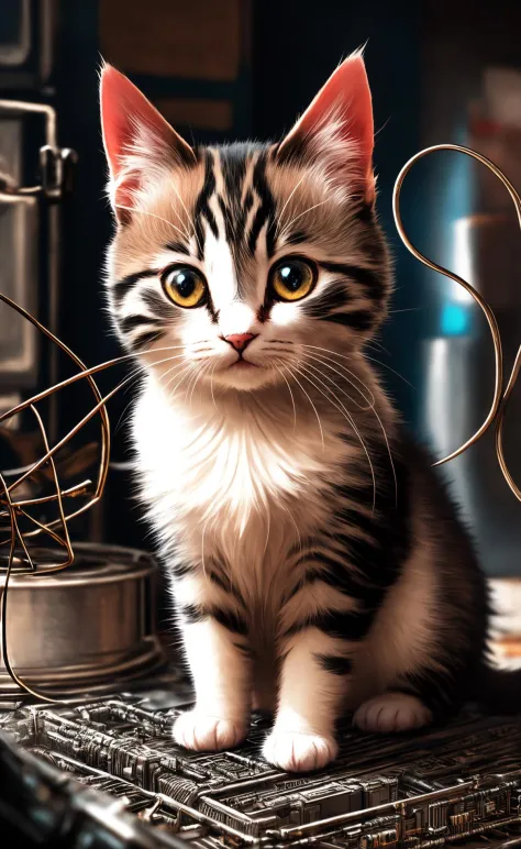 a cute kitten made out of metal, (cyborg:1.1), ([tail | detailed wire]:1.3), (intricate details), hdr, (intricate details, hyper...