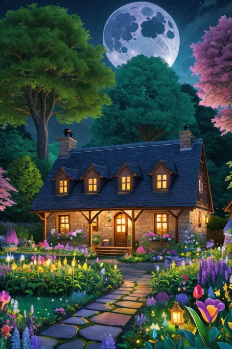 A vibrant, enchanted garden with a variety of magical flora glowing under the moonlight, with a quaint stone cottage in the back...
