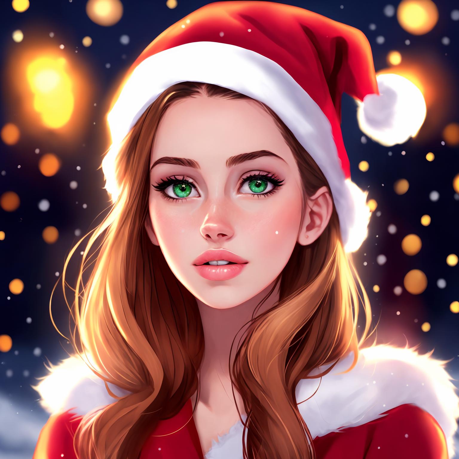 A girl in a santa hat with green eyes and long hair - SeaArt AI