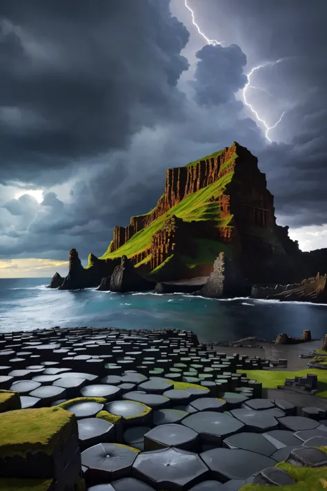 A panoramic view of the Giant's Causeway under a stormy sky, with dramatic lighting highlighting the unique basalt columns., ill...