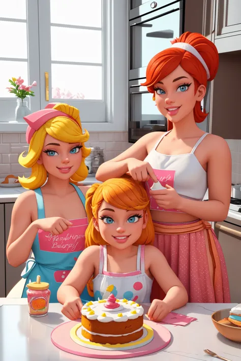 girls baking a cake, closeup, in a kitchen in chaos, lit by the cheerful morning light., illustration, 3d, cartoon,
high resolut...