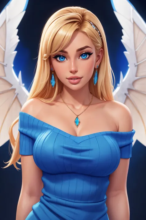 a very pretty woman standing, in a blue sweater and wings on her back, modest, with a blue dress and necklace, Artgerm, sots art...