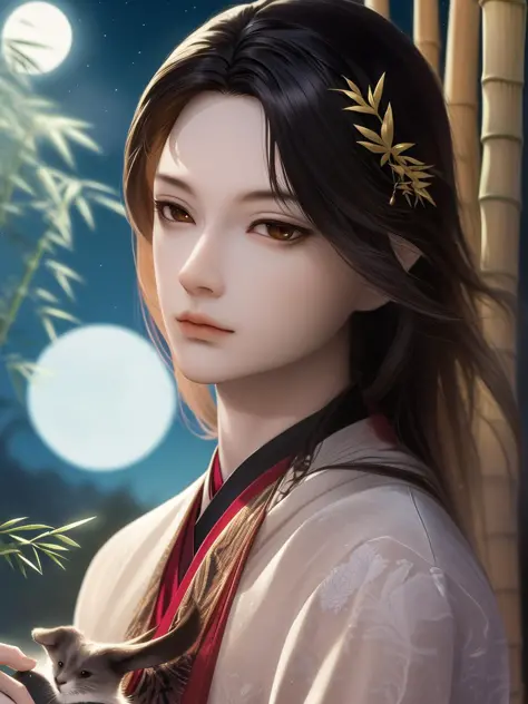 Best quality, masterpiece, highly detailed wallpaper, moon, long hair, 1boy, male focus, night, holding animal, sky, upper body, full moon, night sky, brown eyes, hair ornament, animal, holding, black hair, outdoors, solo, chinese clothes, bamboo, wide sleeves, brown hair, long sleeves, watermark