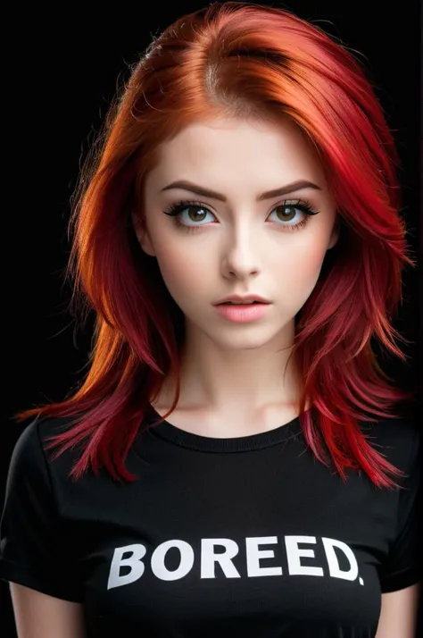 High resolution, Vibrant colors,  Excellent clarity, Balanced composition, Proper exposure, Minimal noise, Dynamic range,
simple background, black background, 
upper body, at front,
Model shoot of girl in  black shirt with single text "BORED", medium red hair, makeup,
Bored, A slack jaw, drooping eyelids, and a slightly uninterested gaze.,