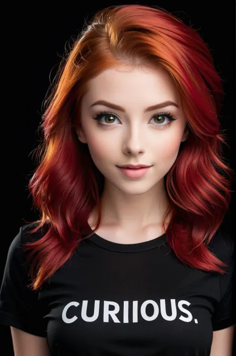 High resolution, Vibrant colors,  Excellent clarity, Balanced composition, Proper exposure, Minimal noise, Dynamic range,
simple background, black background, 
upper body, at front,
Model shoot of girl in  black shirt with single text "CURIOUS", medium red hair, makeup,
Curious, Chin tilted up slightly, eyes wide open, and a slight smile.,