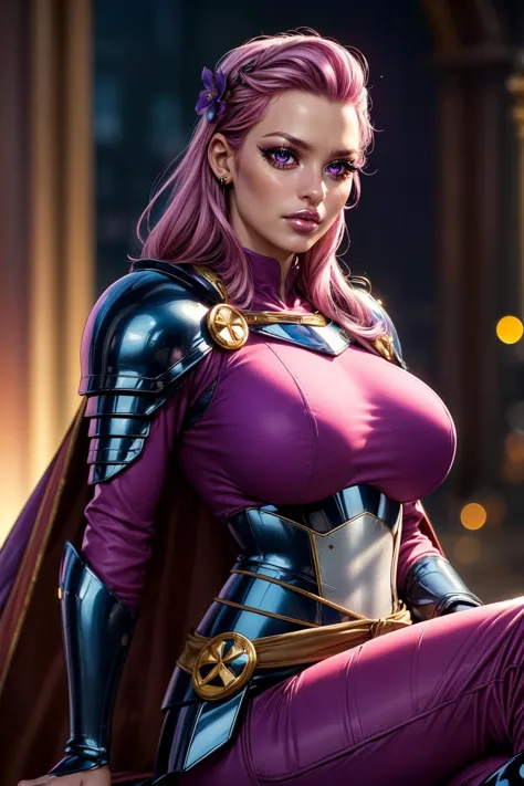 a close up of a woman in a purple outfit sitting on a ledge