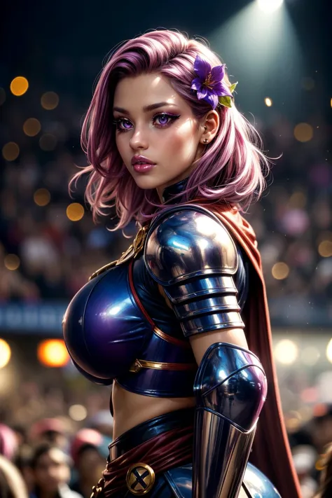 a woman in armor with a purple hair and purple hair