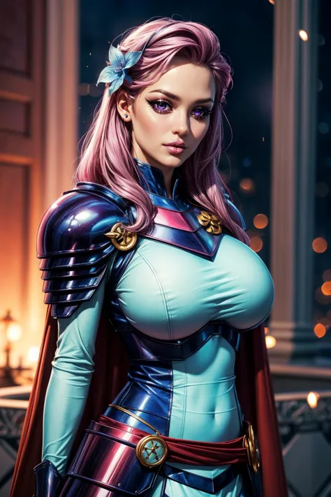 (ultra realistic,32k, masterpiece:1.2),(high detailed skin:1.1),( high quality:1.1),
<lora:betsy:0.7>(envy:1.1),(eyeliner,long lashes, mascara:1.1),purple eyes,pink hair, captainB,shoulder armor, breastplate, union jack, cape, hair flower, celestial citadel, radiant spires, divine essence, seat of celestial beings (blurry background:1.1),,(looking at viewer, portrait:1.1),, (huge breast,large breast:1.1),<lora:add_detail:0.99>,
(neon pastel light:1.1),