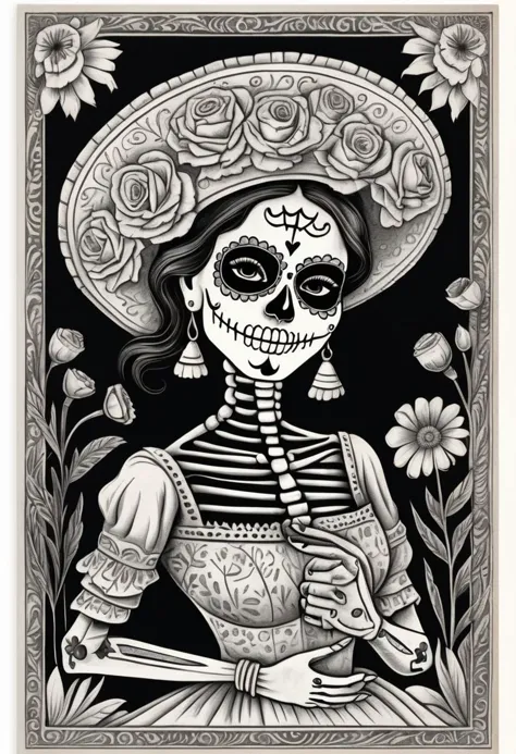 Dansemacabre arte em linha altamente detalhada em preto e branco ilustrando um cartão do dia dos mortos com uma linda garota mexicana sorridente na tradicional pintura facial de caveira branca estendendo a mão para o espectador como um convite para a vida após a morte. Fronteira de vários malmequeres nativos entrelaçados em um complicado padrão mexicano. Este cartão foi impresso em xilogravura prensada à mão em estilo dansemacabre. 
