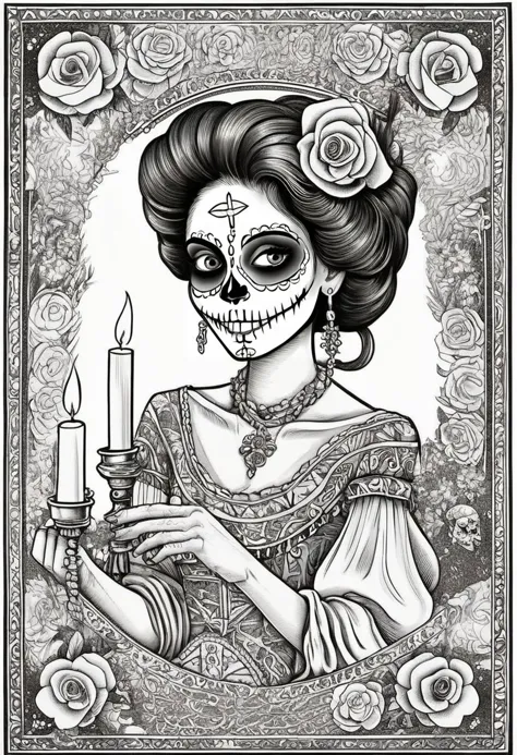 1girl, anime Dansemacabre black and white highly detailed line art illustrating a day of the dead card with a smiling cute mexican girl in traditional white skull facepaint holding out a hand to the viewer as an invitation to the afterlife. Border of various native Flor de Muerto winding around lit candles in a complicated pattern. This card was printed by hand-pressed woodcut in a printing press. 
<lora:DanseMacabre:0.75>, 
<lora:CuteLora:0.60>,