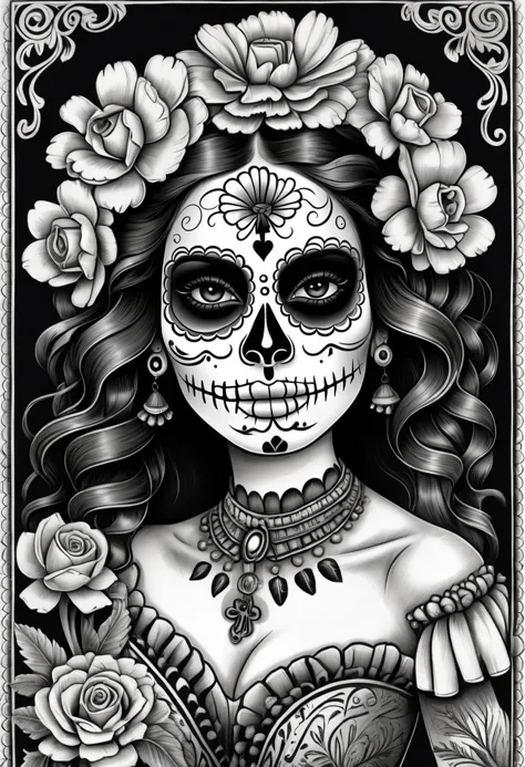 Dansemacabre black and white highly detailed line art illustrating a day of the dead card with a cute mexican girl in traditional white skull facepaint holding out a hand to the viewer as an invitation to the afterlife. Border of various native marigolds entwined into a complicated mmexican pattern. This card was printed by hand-pressed woodcut in a dansemacabre style. 
<lora:DanseMacabre:0.85>, 
<lora:CuteLora:0.60>,