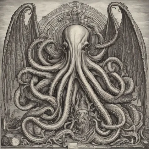 a drawing of a giant octopus with a large head and wings