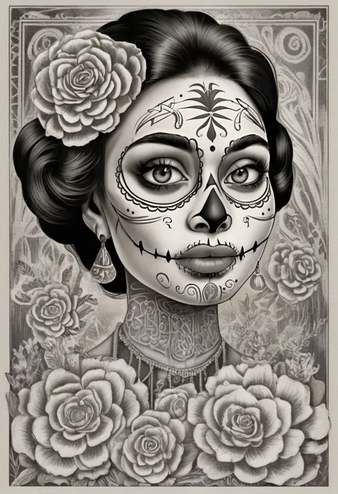 Dansemacabre arte em linha altamente detalhada em preto e branco ilustrando um cartão do dia dos mortos com uma linda garota mexicana sorridente na tradicional pintura facial de caveira branca estendendo a mão para o espectador como um convite para a vida após a morte. Fronteira de vários Flor de Muerto nativos enrolados em torno de velas acesas em um padrão complicado. Este cartão foi impresso em xilogravura prensada à mão em uma impressora. 
